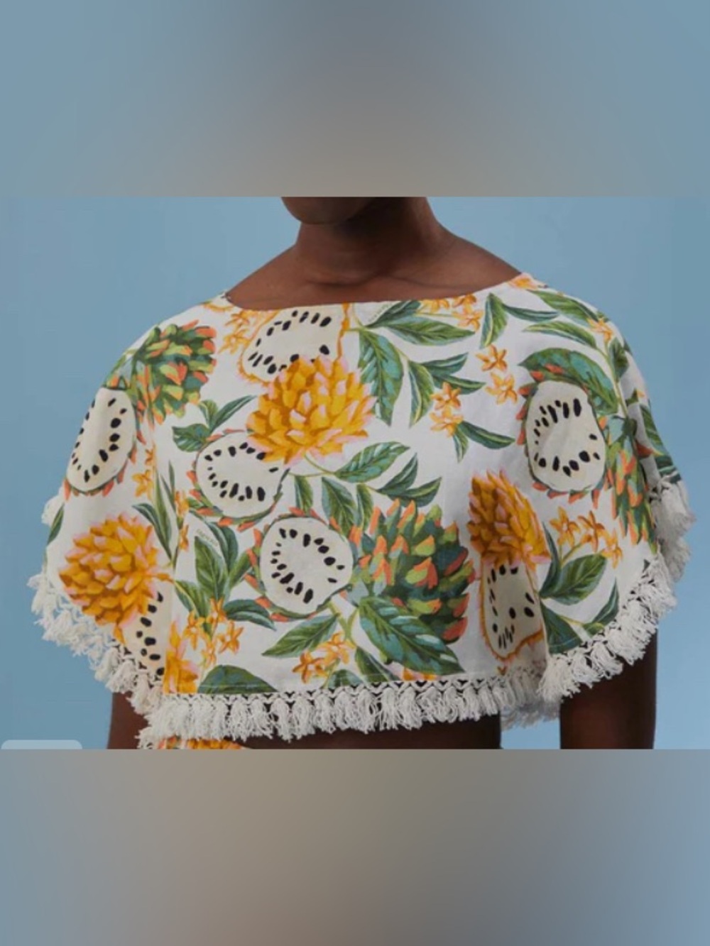 Farm Rio Biriba linen cropped blouse/off-white yellow/green fruit print-Medium